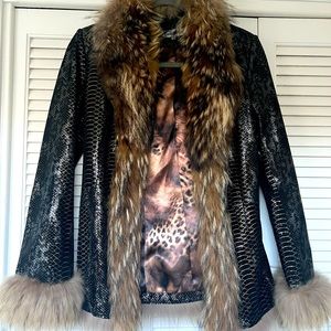 Paolo Santini Leather and Fur Trimmed belted jacket. Silk animal print lining.